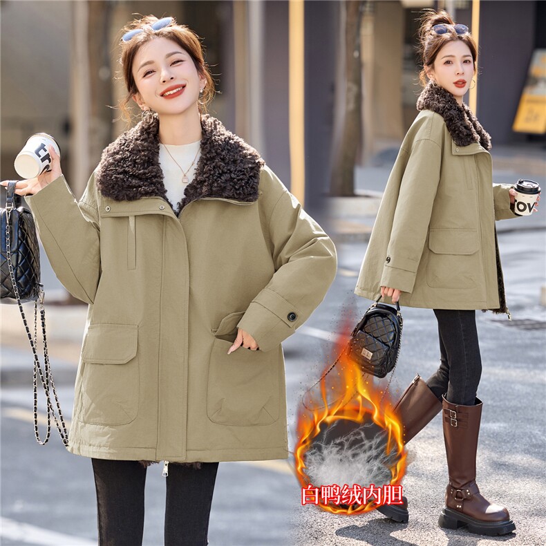 现货2025冬季新款休闲时尚女士无帽毛领保暖加厚50绒冲锋衣羽绒服，女装羽绒服，木子恋