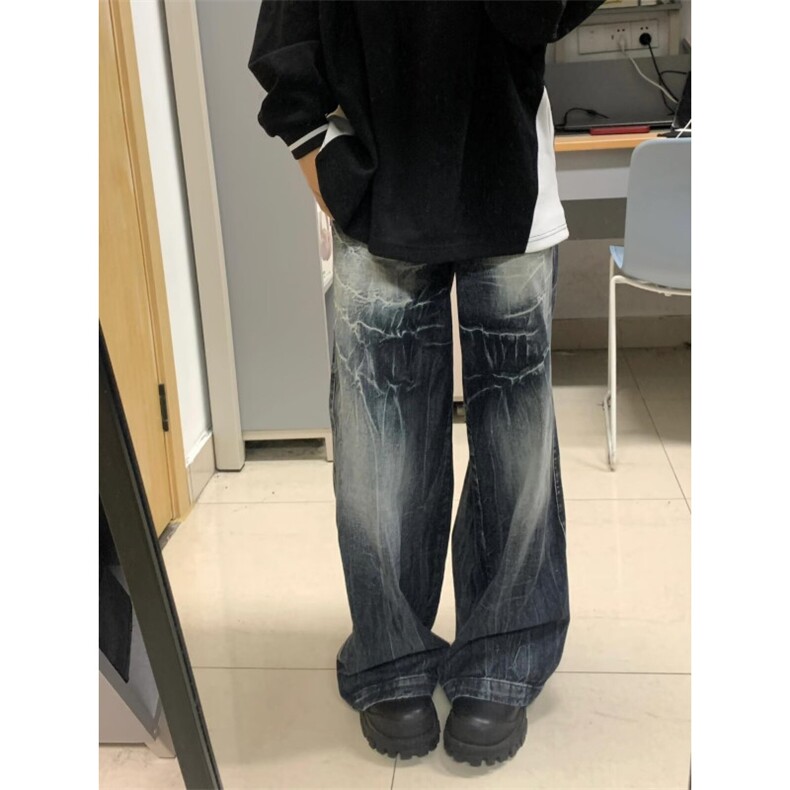 微弹长裤中腰美式街头水洗做旧闪电纹牛仔裤男女欧美宽松阔腿裤潮,男装牛仔裤,星座218-1（原230）