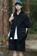 夏款中性风纯色翻领衬衫潮绣标短裤半袖套装男女8715-P80控价128，男装衬衫，电商A441-1