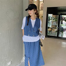 主推现货格纹牛仔背心+T恤上衣+裙子三件套，女装套装/套裙，菡迪欧娜
