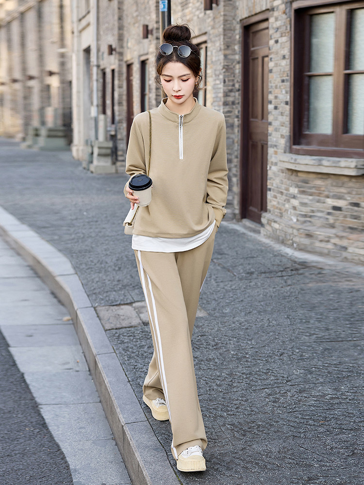 休闲运动套装女士2025春秋新款宽松时尚洋气拼接卫衣阔腿裤两件套,女装套装/套裙,喜见多金