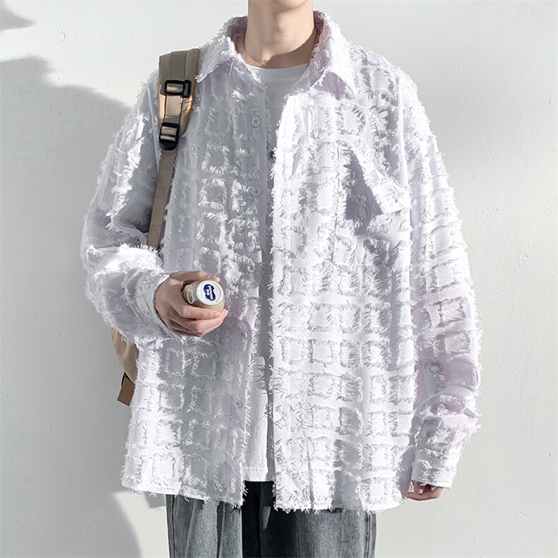 特P45无差价24春款韩版潮流磨毛格子长袖衬衫男上衣潮牌衬衣C803图片