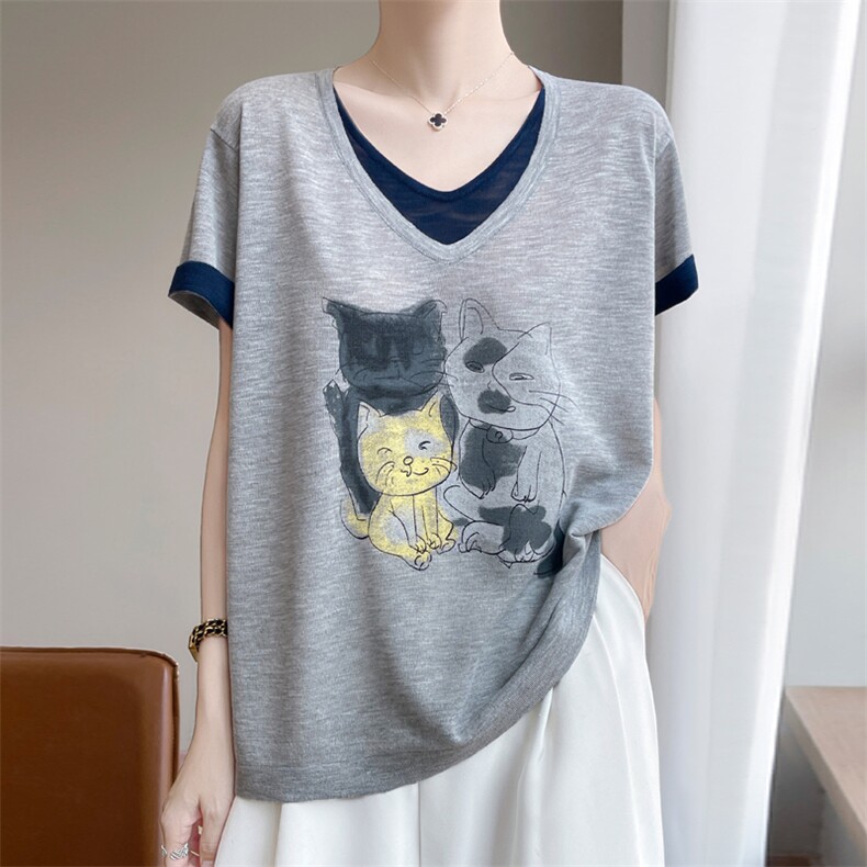 夏季竹节麻双V领假两件猫咪图案短袖女宽松百搭显瘦时尚休闲上衣,女装T恤,暖娇绒包芯纱店