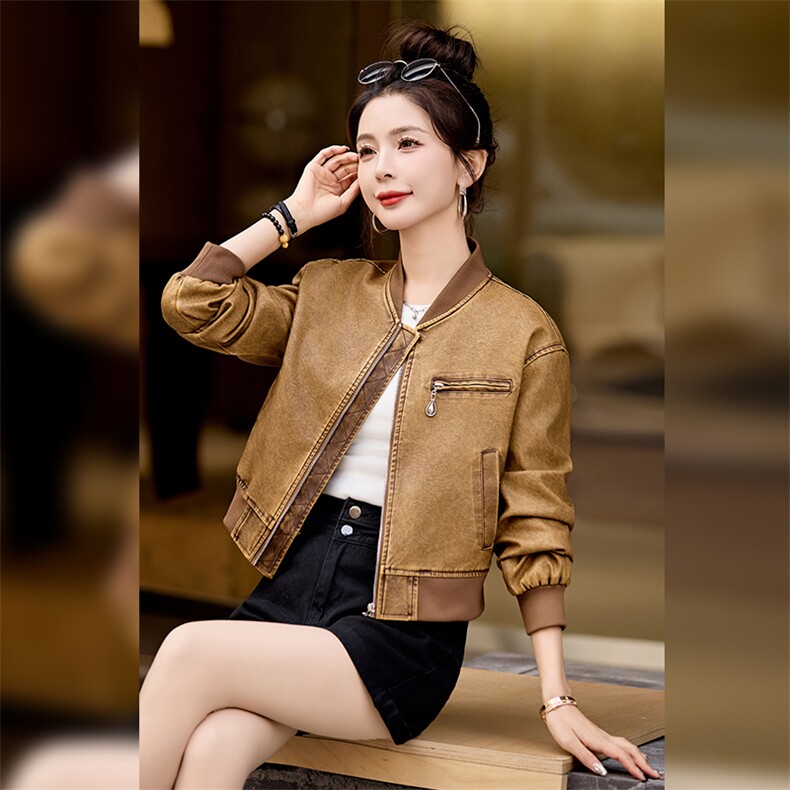 现货时髦做旧复古PU皮衣夹克外套女小个子2024新款短款立领机车服,女装皮衣,江南女神