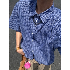 【自拍图】XZ1005-1-TTH113-P48皇家蓝短袖衬衫抽绳格子衬衣外套，男装T恤，星座1005-1