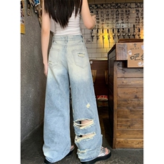 做旧破洞牛仔裤大码女夏季2025新款宽松显瘦直筒阔腿长裤NZT804，男装牛仔裤，星座516A