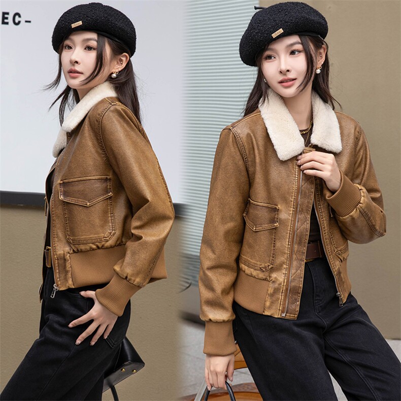 加绒皮衣女2024秋冬新款小个子加厚短款洋气机车服皮夹克棉衣外套，女装皮衣，江南女神