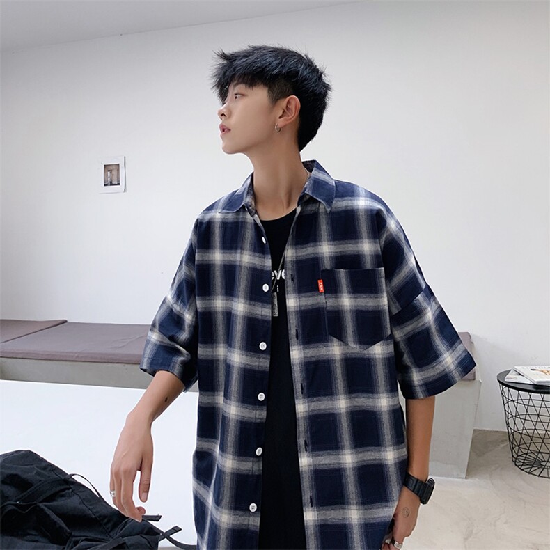 夏季日系原宿格子短袖衬衫男港风宽松半袖上衣TX015-P35,男装衬衫,电商A128
