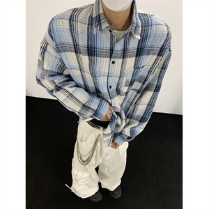 现货~磨毛格子大码长袖衬衫 C5896/特P25 蓝色图片