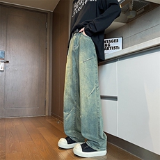 褶皱水洗牛仔裤M~8XL大码宽松设计感美式高街复古直筒裤NZ9001P55，男装牛仔裤，电商B238