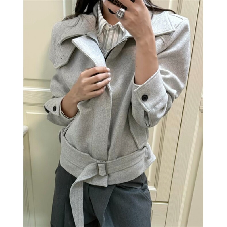 [001]绑带正肩夹克男款秋冬领型短款毛呢外套A079-JK1043-P76,男装夹克,电商A079