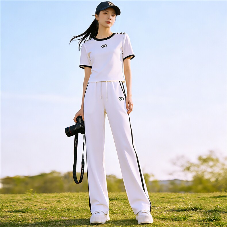 欧货重工短袖印花套装女夏季时尚气质圆领短袖上衣阔腿长裤两件套，女装套装/套裙，江南