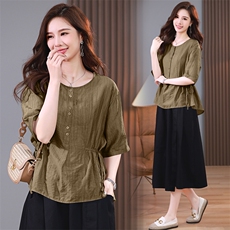 2023年夏设计师新款时尚气质优雅休闲减龄收腰透气女神短袖衬衣，女装蕾丝衫/雪纺衫，木子恋