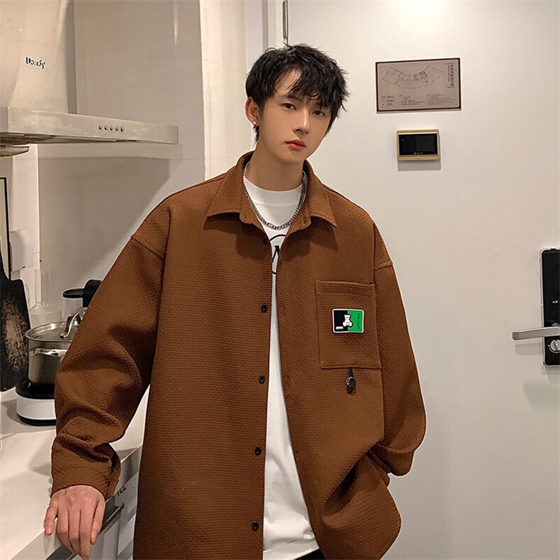 2025春款潮流华夫格贴标长袖衬衫男士青少年时尚衬衣外套C812-P45图片