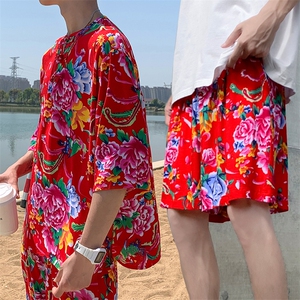 Z1休闲风男士大码透气大花凉爽T恤七分袖衫短裤套装男女纱衣图片
