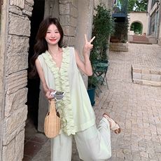 气质V领木耳边系带上衣阔腿裤套装女2025夏季新设计感无袖两件套，女装套装/套裙，1D066-1