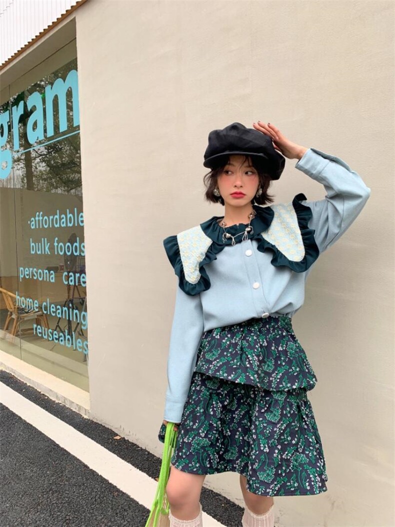 大翻领荷叶衬衫，女装衬衫，YOUER DENG