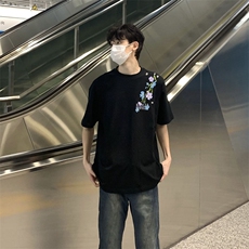 万针全刺绣解构设计260克重磅双纱纯棉高品质美式高街短袖T恤特39，男装T恤，电商A486-1