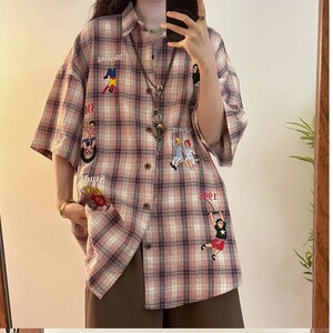 美式复古格子短袖衬衫女刺绣小众设计感上衣夏季学院风衬衣外套