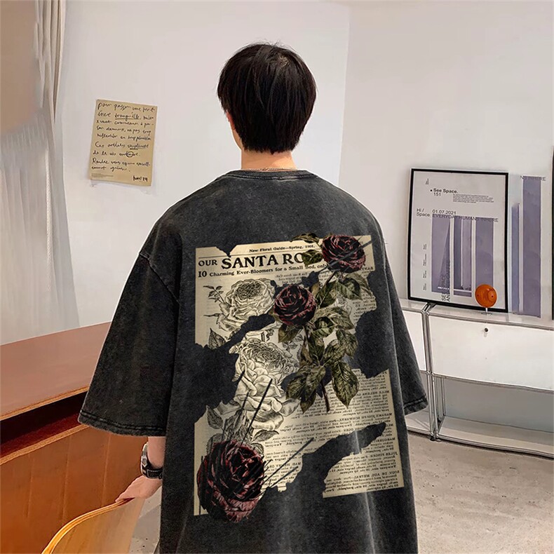 抖音得物供货240克重磅现货宽松美式纯棉水洗做旧印花T恤ATSX04,男装T恤,电商A443