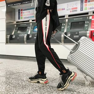 703 港风男式休闲运动裤 针织拼色印花束脚长裤图片