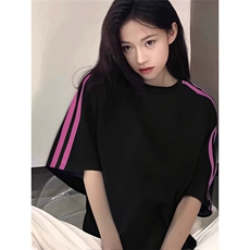 抖音得物品质二开240克宽松纯棉美式潮牌印花三条杠中性风短袖T恤，男装T恤，电商A486-1