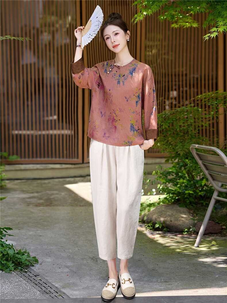 长期有货2026夏装新款复古提花天丝休闲两件套装女中式印花小脚裤,女装套装/套裙,璐依舞