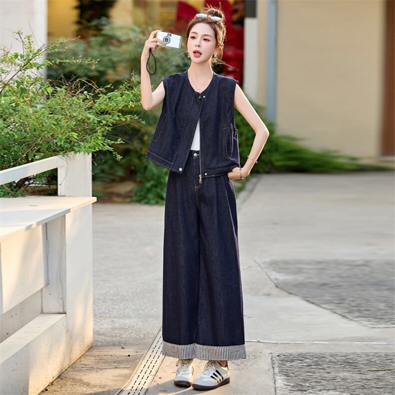 牛仔套装女2025夏新款韩系高级松弛感超火减龄休闲无袖一整套穿搭,女装套装/套裙,意芙