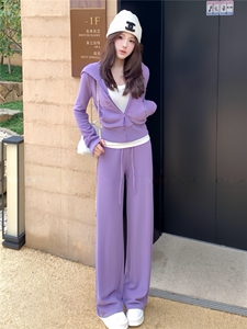 休闲时尚减龄套装女春季新款宽松显瘦纯色连帽卫衣阔腿长裤两件套图片