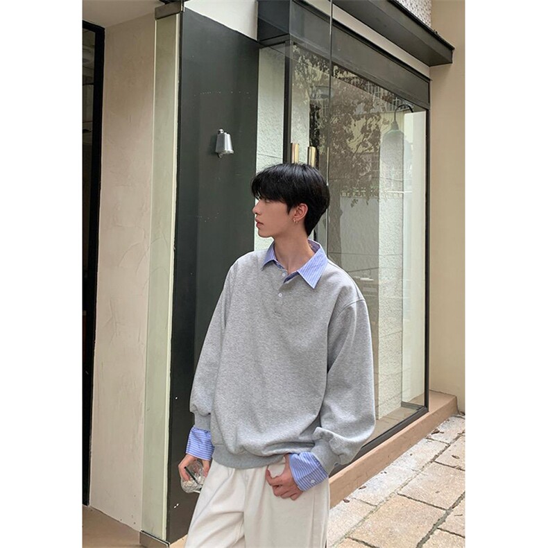 抖音得物高品质26春装美式高街假两件衬衫领长袖卫衣POLO领打底衫,男装T恤,电商A486-1