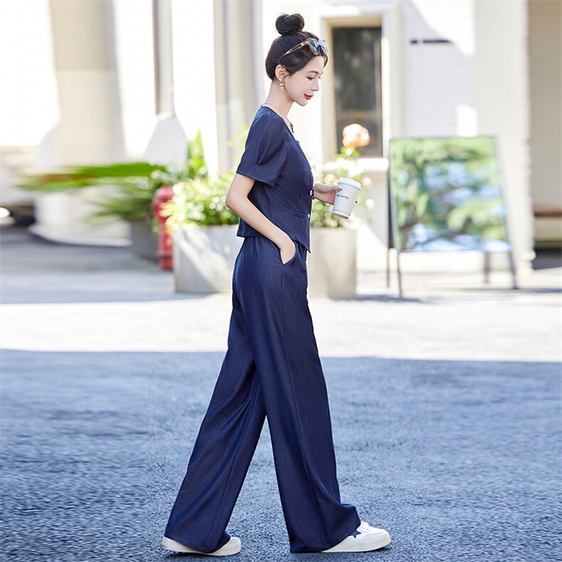 天丝牛仔休闲套装女2025夏新款气质方领短袖上衣高腰阔腿裤两件套,女装套装/套裙,众宇琦