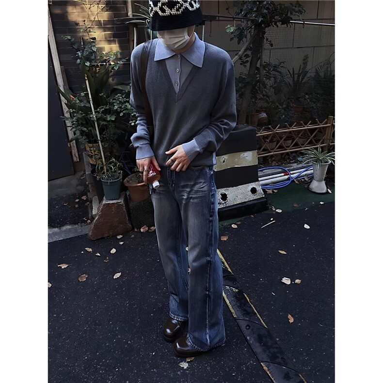 2025秋冬新款毛衣美式复古休闲慵懒风V领针织衫男纯色外套,男装针织衫/毛衣,四季星座505