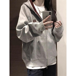 美式撞色刺绣连帽卫衣男女款潮双拉炼开衫外套休闲上衣WYD04 P52图片