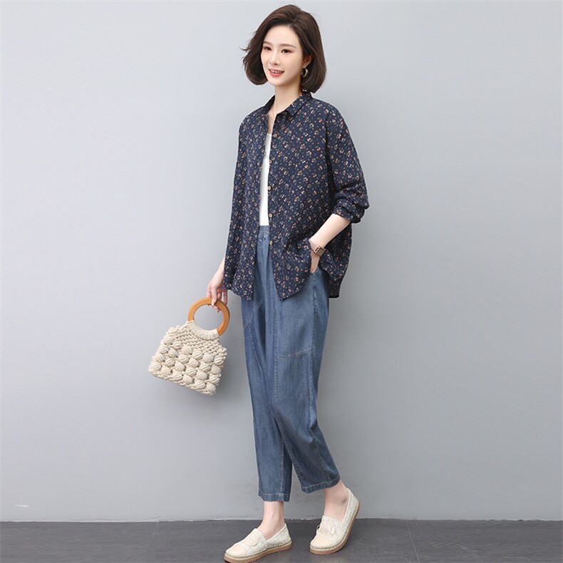 2024春秋休闲两件套装新款款宽松纯棉长袖衬衫牛仔套装,女装套装/套裙,忆绮罗