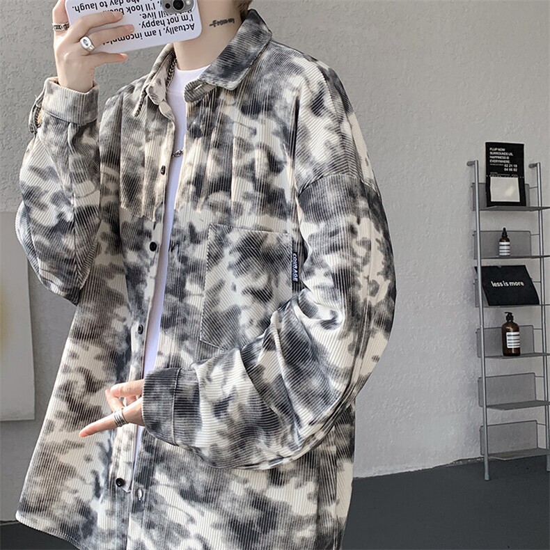 衬衫男秋季新款港风宽松大码灯芯绒扎染长袖衬衫CS8108-P42,男装衬衫,星座214-3