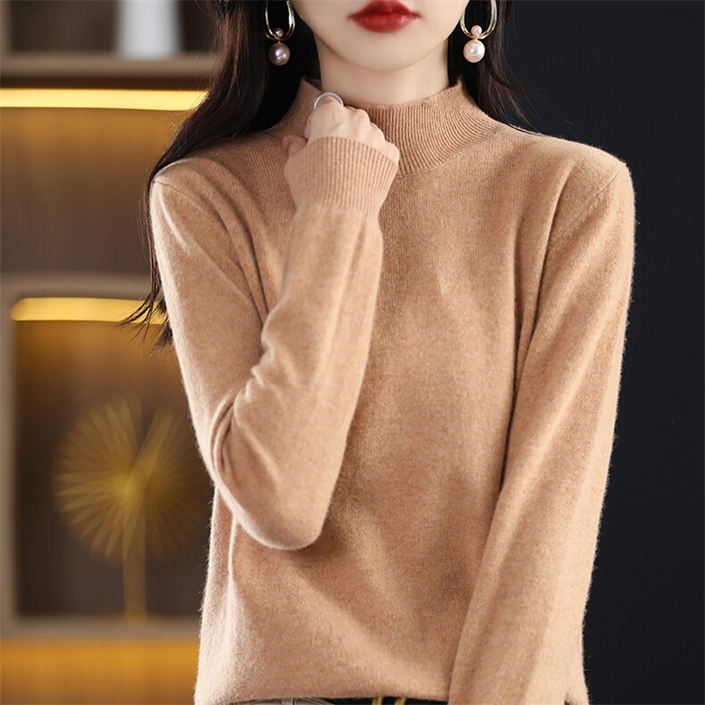 羊毛半高毛衫女2024春秋新款修身简约长袖打底针织衫,女装羊毛衫,桦兴羊绒