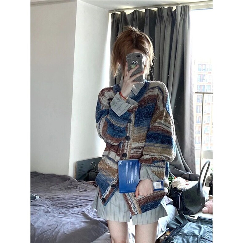 【有货】DMU13-P70撞色拼接毛衣秋季新款宽松彩色渐变针织开衫,男装针织衫/毛衣,星座603-2