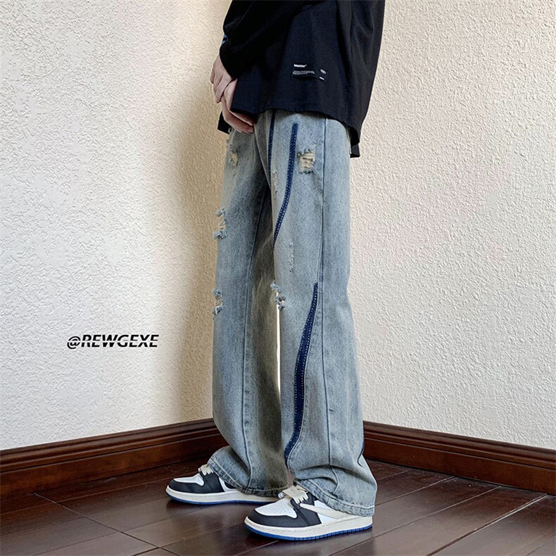 B221美式ins高街小众男女个性款微喇破洞牛仔裤LK23001-P65控88,男装牛仔裤,电商B221