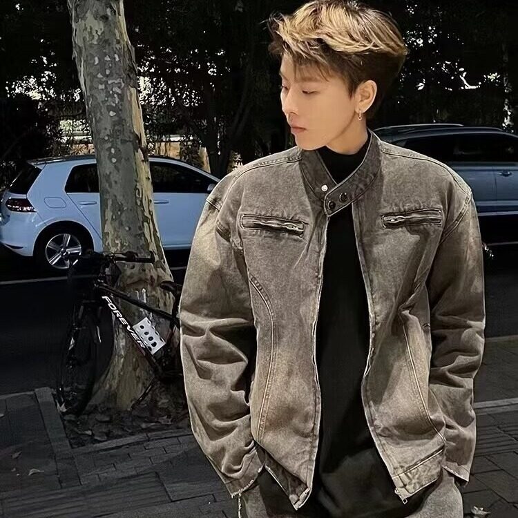 DY2312-P80美式垫肩牛仔外套男水洗夹克高级感痞帅上衣-网图大货图片