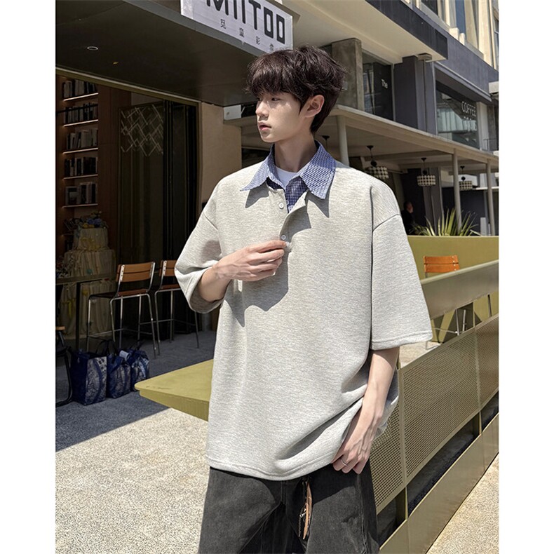 8XL-M格纹拼接假两件短袖t恤大码美式重磅polo翻领半袖DX1218/P48图片