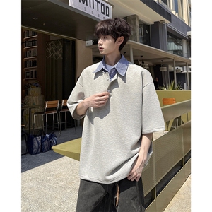 8XL-M格纹拼接假两件短袖t恤大码美式重磅polo翻领半袖DX1218/P48图片