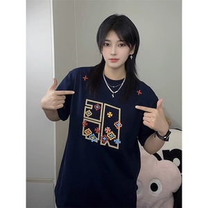万针全刺绣工艺 高品质260克双纱纯棉美式高街短袖T恤 特P33图片