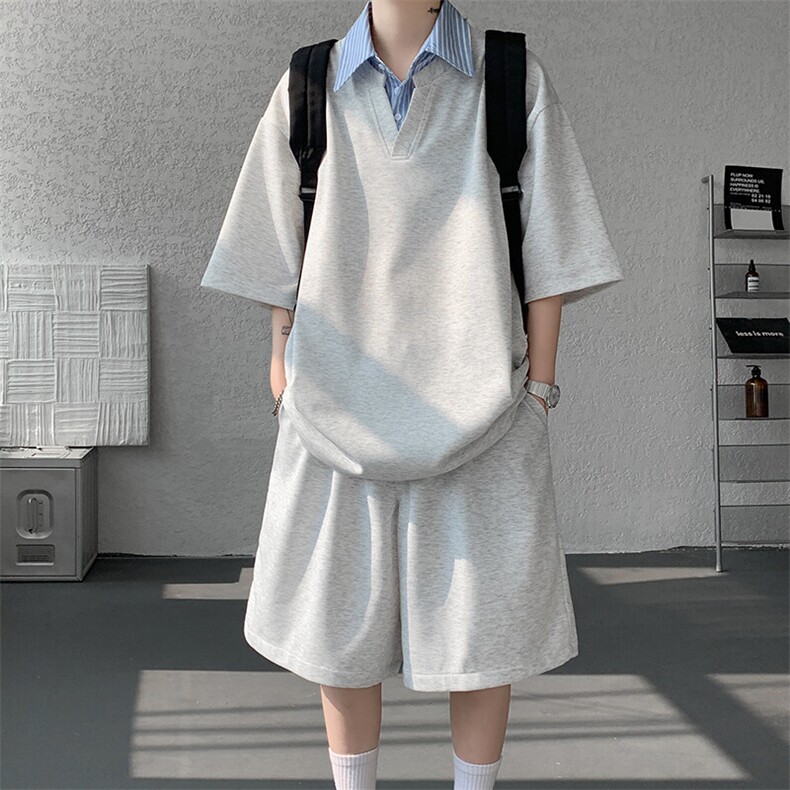 假两件休闲运动套装男夏季潮牌复古衬衫领T恤情侣高级感大码衬衣，男装休闲套装，电商D232