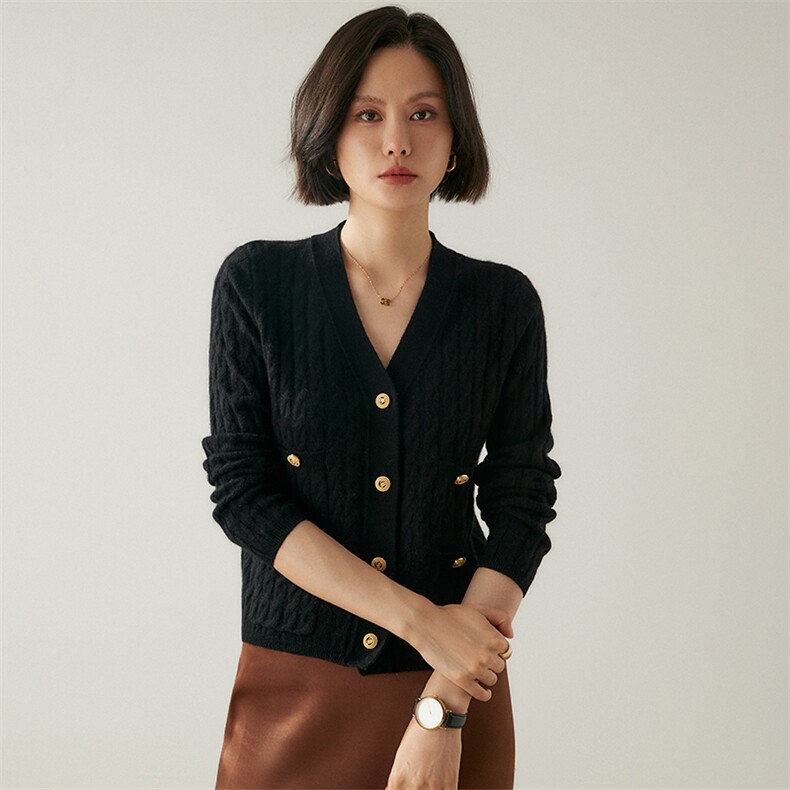 小香风V领山羊绒开衫女长袖带兜毛衣外套宽松羊绒外搭针织上衣,女装羊绒衫,绒创羊绒