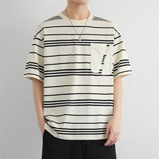 港风条纹短袖t恤男2026新款宽松圆领夏季衣服日系复古时尚，男装T恤，星座914