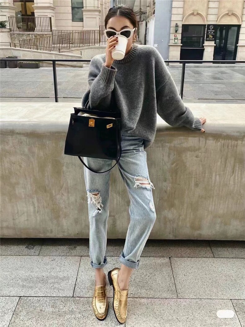 毛衣女早秋季圆领宽松慵懒风纯色内搭打底针织衫上衣,女装羊毛衫,思途羊绒