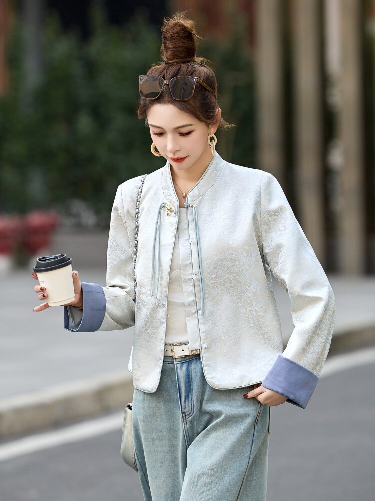 流苏盘扣新中式国风外套女2025春秋新款提花撞色拼接短款唐装上衣,女装短外套,依如秀(原杭风阁)