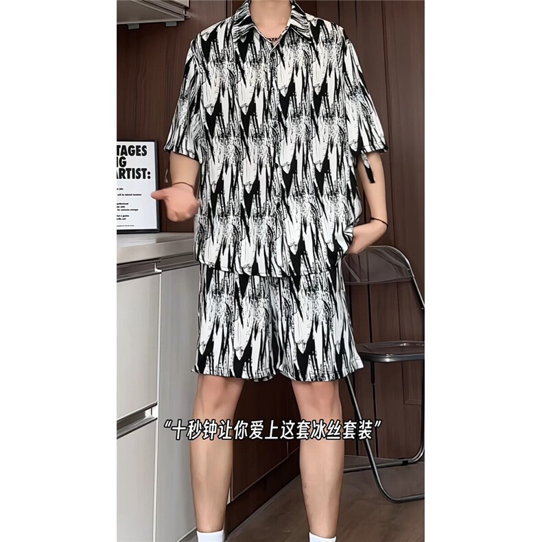 短袖衬衫男+短裤男套装男聚酯纤维M-5XL大码TZ78721P50控98图片