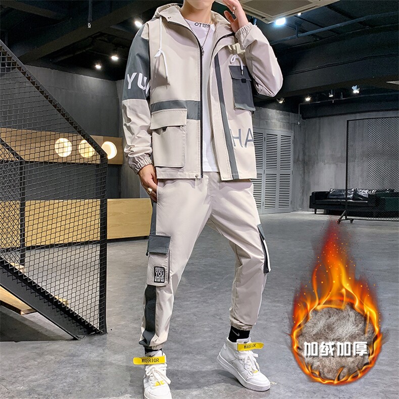 新款主推男士连帽工装夹克套装加绒加厚休闲运动两件套T808,男装休闲套装,电商B226-2（原B217-2）
