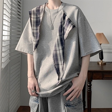 C542P40格子蝴蝶结拼接短袖t恤男ins夏季潮胖人宽松半袖体恤衫，男装T恤，星座512-6